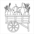 Coloring page. Vector drawing, vintage pumpkin cart. Thanksgiving card, rural, harvest festival. Royalty Free Stock Photo